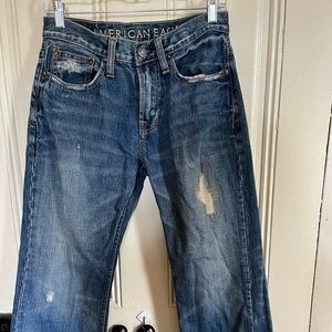 American Eagle;low rise; boot cut; distressed denim